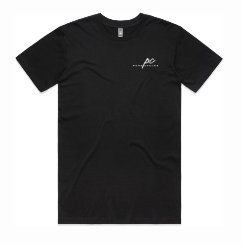 Front of tee features the Pops Cycles logo (POPS, large PC, CYCLES) on upper, left pocketless space