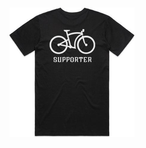 Back of tee features the iconic 8 Series bicycle with the word "SUPPORTER" underneath